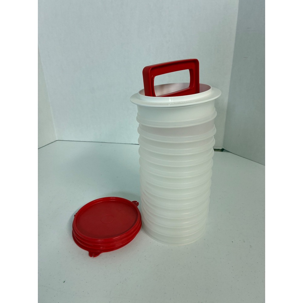 Tupperware Hamburger Press and Keeper Set White Red Stackable Burger Patty Maker